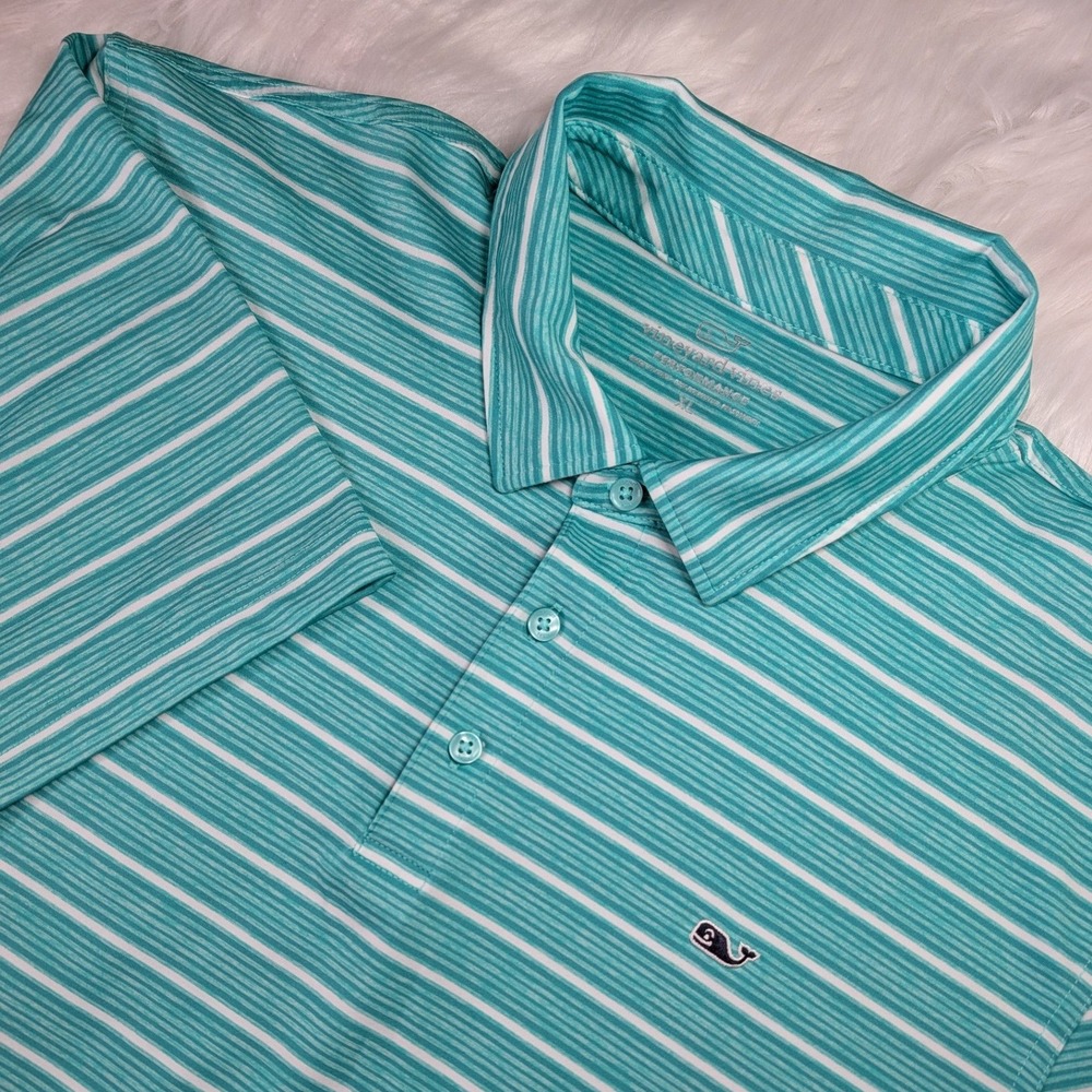 Vineyard Vines Polo Shirt Mens XL Teal Striped Performance Golf Short Sleeve